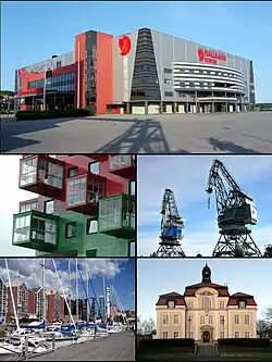 Clockwise from top: Hägglunds Arena, the port gantries, the old city hall, the guest harbor, and the Ting1 apartments