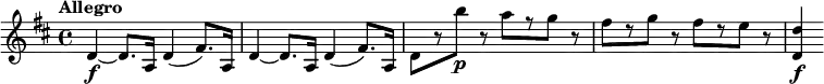 
\relative c' { \set Staff.midiInstrument = #"string ensemble 1"
  \key d \major
  \tempo "Allegro" \set Score.tempoHideNote = ##t \tempo 4 = 144
  d4~\f d8. a16 d4( fis8.) a,16 |
  d4~ d8. a16 d4( fis8.) a,16 |
  d8[ r b''\p] r a[ r g] r |
  fis8[ r g] r fis[ r e] r | <d, d'>4\f
}
