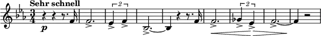 
{ \new PianoStaff <<
\new Staff \relative f' { \set Staff.midiInstrument = #"french horn" \key es \major \clef treble \time 3/4 \set Score.tempoHideNote = ##t \tempo "Sehr schnell" 4 = 195
  r4 \p r4 r8. f16 | % 2
  f2. -> | % 3
  \times 3/2  {
    es4 -> f4 ->
  }
  | % 4
  bes,2. ~ -> | % 5
  bes4 r4 r8. f'16 | % 6
  f2. \< -> | % 7
  \times 3/2  {
    ges4 -> es4 \! \> ->
  }
  | % 8
  f2. ~ -> | % 9
  f4 \! r2
  }
>> }
