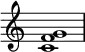 {
\override Score.TimeSignature #'stencil = ##f
\relative c' {
\clef treble
\time 4/4
\key c \major
<c f g>1
} }