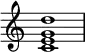 
{
\override Score.TimeSignature #'stencil = ##f
\relative c' {
   \clef treble
   \time 4/4
   \key c \major
   <c e g d'>1
} }
