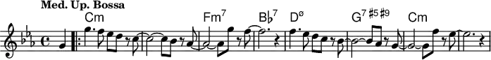 
\version "2.22.0"

\header {
  tagline = ""
}

global = {
  \time 4/4
  \key c \minor
  \set Score.tempoHideNote = ##t
  \tempo "Med. Up. Bossa" 4=148
  \set chordChanges = ##t
}

chordNames = \transpose c c, \chordmode {
  \global
  s4 |
  c1:m~ |
  c1:m |
  f1:m7 |
  bes1:7 |
  d1:m7.5- |
  g1:7.5+.9+ |
  c1:m~ |
  c1:m |
}

melody = \relative c'' {
  \global
  \partial 4
  g4 |
  \bar ".|:"
  g'4. f8 es d r c~ |
  c2~ c8 bes r as~ |
  as2~ as8 g' r f~ |
  f2. r4 |
  f4. es8 d c r bes~ |
  bes2~ bes8 as r g~ |
  g2~ g8 f' r es~ |
  es2. r4 |
}

\score {
  <<
    \new ChordNames \chordNames
    \new Staff { \melody }
  >>
  \layout { }
  \midi { }
}

