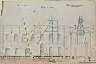 Metal headframe located in the extraction building of the Chanois shaft.