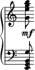 {
\override Score.TimeSignature #'stencil = ##f
{ \new PianoStaff <<
\new Staff { \clef treble <g' e'' g'' b''>8\mf }
\new Staff { \clef bass <e, g, b, g>8 }
>> } }
