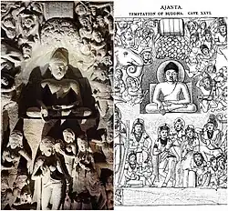Temptation of the Buddha; the daughters of Mara carved below are trying to seduce him. Mara is on the top right.[247]