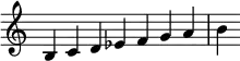 
{
\override Score.TimeSignature #'stencil = ##f
\relative c' {
  \clef treble
  \time 7/4 b4 c d es f g a b
} }
