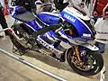 The Yamaha YZR-M1, ridden by Jorge Lorenzo in the 2011 season on display.
