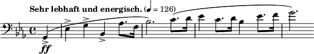  \new Staff \relative c {
  \clef bass \time 4/4 \key ees \major \tempo "Sehr lebhaft und energisch." 4=126 \set Staff.midiInstrument = #"string ensemble 1"
  \partial 4 g-\ff->(ees'-> g-> bes,-> aes'8. f16 bes2.) c8.(d16 ees4 c8. d16 bes4 ees8. f16 g2.)
} 