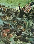 The 24th Michigan Volunteer Infantry at the Battle of Gettysburg, wearing the Model 1858 Hardee Hat of the Iron Brigade.