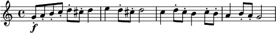 \version "2.17.24"

\language "english"

\relative c''

{g8-.\f a8-. b8-. c8-. d8-. cs8-. d4
e4 d8-. cs8-. d2
c4 d8-. c8-. b4 c8-. b8-.
a4 b8-. a8-. g2
}
