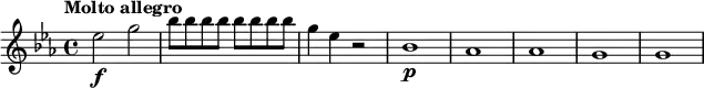 
\relative c'' { \set Staff.midiInstrument = #"string ensemble 1"
  \key es \major
  \tempo "Molto allegro" \set Score.tempoHideNote = ##t \tempo 2 = 164
  es2\f g |
  \repeat unfold 8 { bes8 } |
  g4 es r2 |
  bes1\p | as | as | g | g |
}

