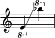 
{
    \override Score.SpacingSpanner.strict-note-spacing = ##t
    \set Score.proportionalNotationDuration = #(ly:make-moment 1/8)
    \override Score.TimeSignature #'stencil = ##f
    \relative c {
        \time 2/4
        \ottava #-1 e4 \glissando
        \ottava #1 bes''''
    }
}
