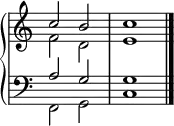 
\new PianoStaff <<
  { \omit Score.TimeSignature }
  \new Staff \fixed c' { << { c'2 b c'1 } \\ { f2 d e1 } >> \bar "|." }
  \new Staff { \clef bass << { a2 g g1 } \\ { f,2 g, c1 } >> }
>>
