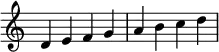  {
\override Score.TimeSignature #'stencil = ##f
\relative c' {
  \clef treble \time 4/4
  d4 e f g a b c d
} }
