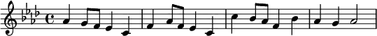 {\key aes \major aes'4 g'8 f'8 ees'4 c'4 f'4 aes'8 f'8 ees'4 c'4 c''4 bes'8 aes'8 f'4 bes'4 aes'4 g'4 aes'2}