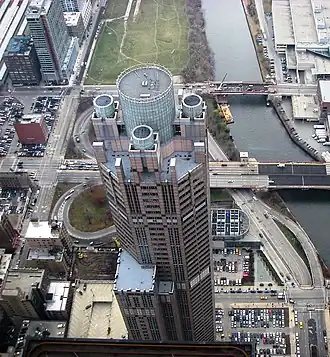 311 South Wacker Drive top viewed from the top floor of Willis Tower