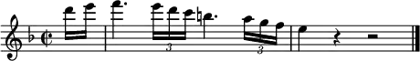 
\relative c''' {
  \time 2/2 \key f \major
  \partial 8 d16 e |
  f4. \times 2/3 { e16 d c } b4. \times 2/3 { a16 g f } |
  e4 r r2 | \bar "|."
}
