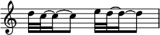 {
\override Score.TimeSignature #'stencil = ##f
    \relative c'' {
        \time 2/4
        d32 c32~ c16~ c8  e32 d32~ d16~ d8
    }
}
