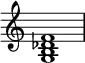 
{
\override Score.TimeSignature #'stencil = ##f
\relative c' {
   \clef treble 
   \time 4/4
   \key c \major
   <g b des f>1
} }
