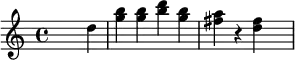 {\set Staff.midiInstrument = #"celesta" \time 4/4 \skip2. d''4 <b'' g''>4 <b'' g''>4 <d''' b''>4 <b'' g''>4 <fis'' a''>4 r4 <d'' fis''>4 \skip4}