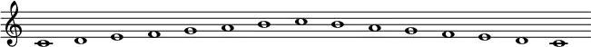 
\relative c' {
c1 d1 e1 f1 g1 a1 b1 c1 b1 a1 g1 f1 e1 d1 c1
}
\layout {
   \context {
     \Staff
     \remove Time_signature_engraver
     \remove Bar_engraver
    }
 } 
\midi {
  \tempo 1 = 120
}
