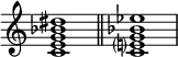 
\new Staff \fixed c' {
  \omit Staff.TimeSignature
  <c e g bes dis'>1 \bar "||" <c e? g bes ees'>
}
