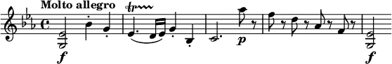
\relative c' { \set Staff.midiInstrument = #"string ensemble 1"
  \key es \major
  \tempo "Molto allegro" \set Score.tempoHideNote = ##t \tempo 4 = 164
 <g es'>2\f bes'4-. g-. es4.\startTrillSpan( d16\stopTrillSpan es) g4-. bes,-. c2. as''8\p r f r d r as r f r <g, es'>2\f
}

