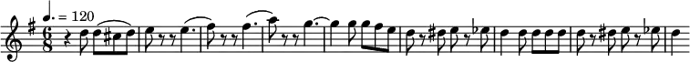 
\relative c'' { 
  \set Staff.midiInstrument = #"piano"
  \tempo 4. = 120
  \key g \major
  \time 6/8
  r4 d8 d( cis d) | e r8 r8 e4.( | fis8) r8 r8 fis4.( | a8) r8 r8 g4. ~ g4 g8 g fis e | d8 r8 dis8 e r8 es8 | d4 d8 d d d | d8 r8 dis8 e r8 es | d4
}
