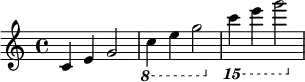  {
\relative c' {
   \clef treble 
   \time 4/4
   \key c \major
   c4 e g2
   \ottava #-1 c,4 e g2
   \ottava #-2 c,4 e g2
} }
