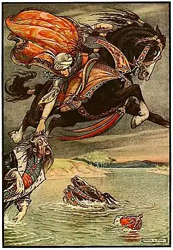Diuk stooped and caught Churilo by his yellow curls. Illustration for Russian Fairy Book (1916)