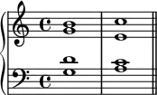 
   \new PianoStaff <<
      \new Staff <<
         \new Voice \relative c'' {
             \stemUp \clef treble \key c \major \time 4/4
             b1 c
             }
         \new Voice \relative c'' {
             \stemDown
              g1 e
              }
            >>
     \new Staff <<
         \new Voice \relative c' {
             \stemUp \clef bass \key c \major \time 4/4
             d1 c
             }
         \new Voice \relative c' {
             \stemDown
             g1 a \bar "||"
             }
         >>
    >>
