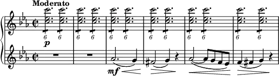 { \new PianoStaff <<
\new Staff \relative c'' { \set Staff.midiInstrument = #"piano" \key c \minor \clef treble \time 2/2 \set Score.tempoHideNote = ##t \tempo "Moderato" 2 = 60
\times 4/6 {
<c es c'>2. \p :8
}
\times 4/6 {
<c es c'>2. :8
}
| % 2
\times 4/6 {
<c es c'>2. :8
}
\times 4/6 {
<c es c'>2. :8
}
| % 3
\times 4/6 {
<c es c'>2. :8
}
\times 4/6 {
<c es c'>2. :8
}
| % 4
\times 4/6 {
<c es c'>2. :8
}
\times 4/6 {
<c es c'>2. :8
}
| % 5
\times 4/6 {
<c es c'>2. :8
}
\times 4/6 {
<c es c'>2. :8
}
| % 6
\times 4/6 {
<c es c'>2. :8
}
\times 4/6 {
<c es c'>2. :8
}
}
\new Staff \relative as' { \set Staff.midiInstrument = #"piano" \key c \minor \clef treble \time 2/2
R1*2 | % 3
as2. \mf \< ( g4 ) | % 4
fis2 \! \> ( g4 ) r4 \! | % 5
as2 \< ( ~ as8 g8 f8 es8 ) | % 6
f4 \! \> ( fis4 g4 ) r4 \! }
>> }