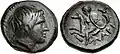 Head of Achilles depicted on a fourth-century&nbsp;BCE coin from Kremaste, Phthia. Reverse: Thetis, wearing and holding the shield of Achilles with his AX monogram