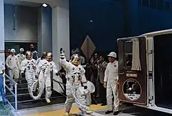 Apollo 11 crew members Neil Armstrong, Michael Collins, and Buzz Aldrin on the morning of July 16, 1969