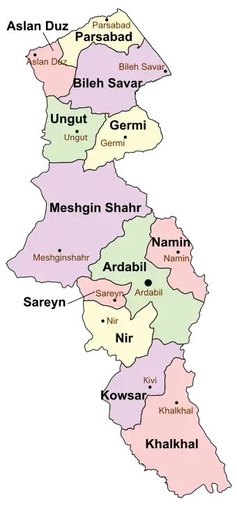 Location of Meshgin Shahr County in&nbsp;Ardabil&nbsp;province (center, purple)