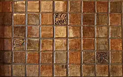 Batchelder art tiles in the wainscotting of the Social Hall, Hollywood YMCA, Los Angeles, California.