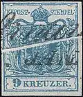 A diagonal paper fold (Austria 1850).