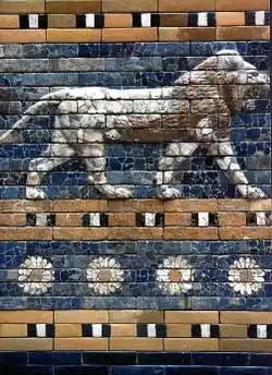 Detail of the Ishtar Gate (575 BC) showing the exceptionally fine glazed brickwork of the later period. Glazed bricks have been found from the 13th century BC