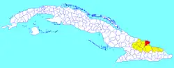 Banes municipality (red) within Holguín Province (yellow) and Cuba