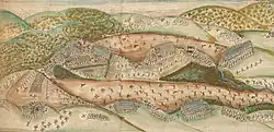 A color drawing of a meandering hilly landscape