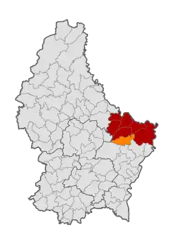 Map of Luxembourg with Bech highlighted in orange, and the canton in dark red