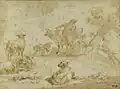 A Peasant Couple by a Tree with Cattle and Sheep, pen and brown ink, brown wash