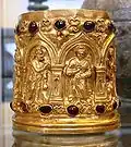 Hamsa birds between the architectural spires on the Bimaran casket, 1st century CE