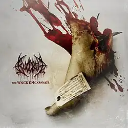 A bloody severed foot with a concert ticket taped to it
