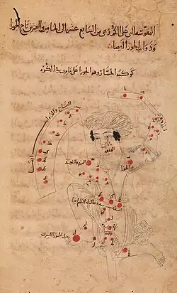 Medieval illustration showing the stars of Orion overlaid with an image of a warrior