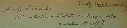 Book signed by Marc Bloch and offered to Maurice Halbwachs