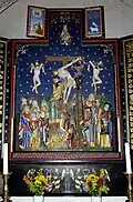 The retable in the monastery church of Bosjö #2; the initials and coats of arms of the couple who donated it are visible—P B for Peter Bille and B L for Birgitte Laxmand