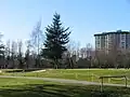 Burnaby Mountain Golf Course surrounds Squint Lake. Montecito Towers in the background.