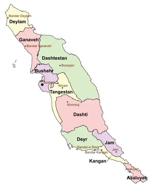 Location of Jam County in&nbsp;Bushehr&nbsp;province (bottom,&nbsp;purple)