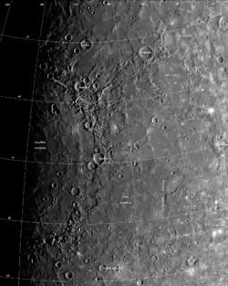 Mosaic of eastern Caloris basin photographed by Mariner 10 in 1974–75.